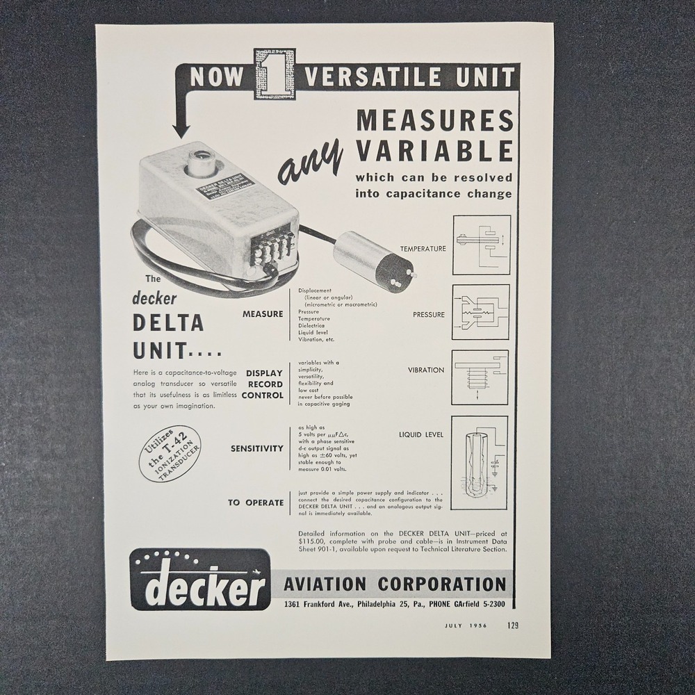 1956 Decker Aviation Corp Delta Unit Vintage Print Ad Philadelphia PA T-42 Shop